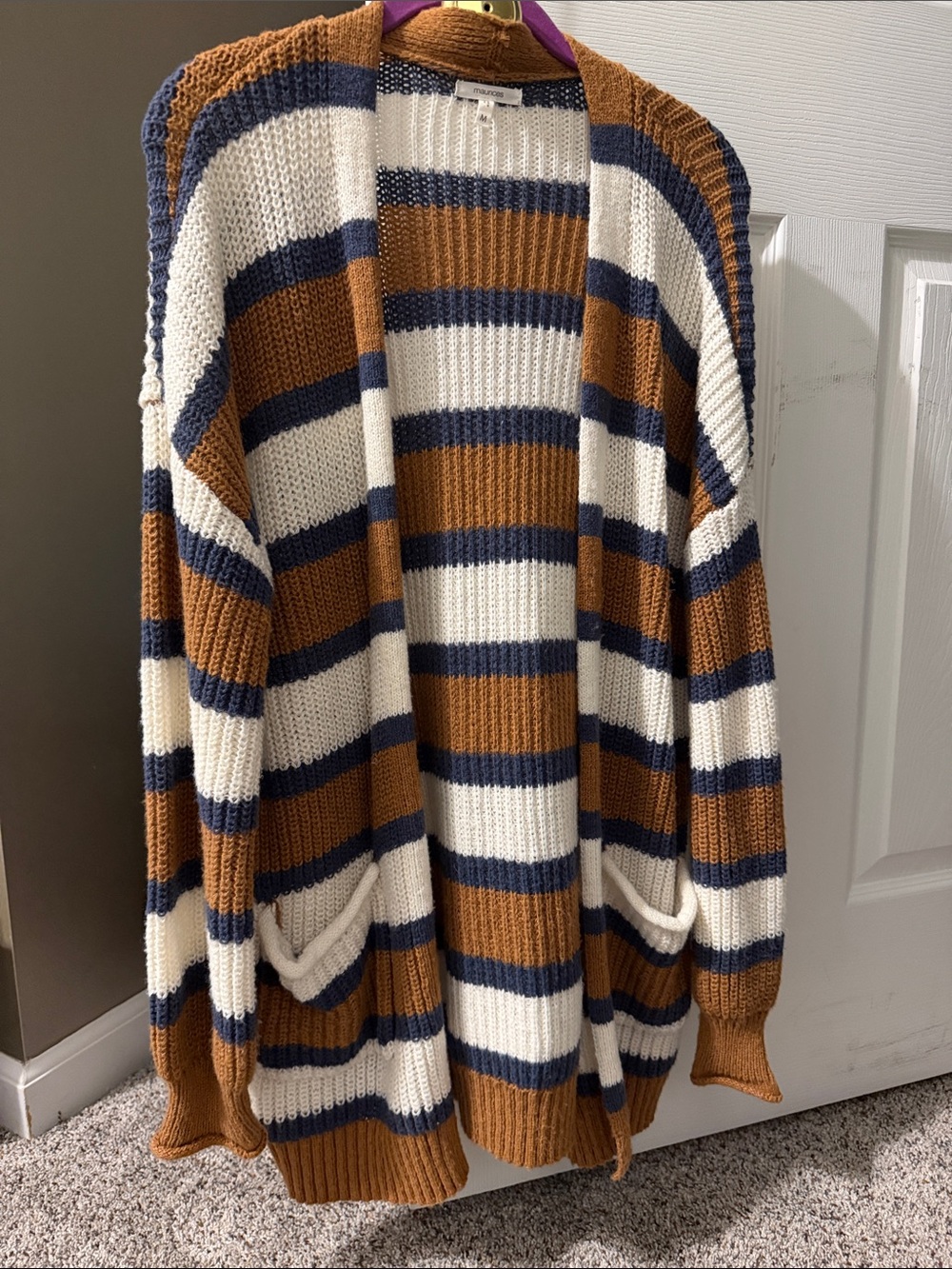 Maurices Striped Open-Front Cardigan in Cream, Navy & Brown